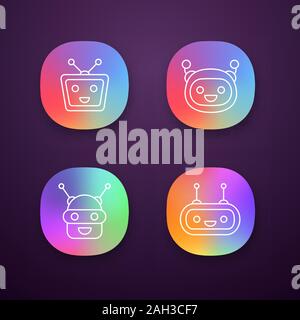 Chatbots app icons set. UI/UX user interface. Talkbots. Laughing virtual assistants. Conversational agents. Modern robots. Web or mobile applications. Stock Vector