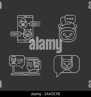 Chatbots chalk icons set. Virtual assistants. Messenger and chat bots. Modern robots. Smartphone and laptop chatterbots. Isolated vector chalkboard il Stock Vector