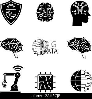 Artificial intelligence glyph icons set. Silhouette symbols. Neurotechnology. Cybersecurity, ai, digital brain, neural network, big data, iot robot, i Stock Vector