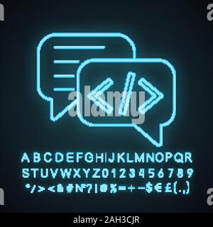 Chatbot coding neon light icon. Talkbot with chip insert. Codebot. Code writing virtual assistant. Online helper. Glowing sign with alphabet, numbers Stock Vector