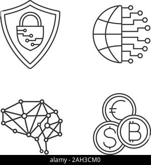 Artificial intelligence linear icons set. Thin line contour symbols. Neurotechnology. Cybersecurity, digital brain, currency exchange, big data. Isola Stock Vector