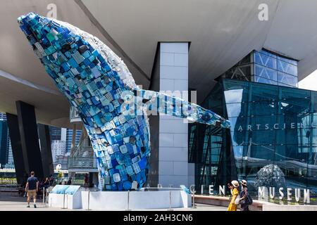 A huge size whale made from plastic waste from ocean is on art display to raise public awareness about to reduce plastic pollution on a global scale Stock Photo