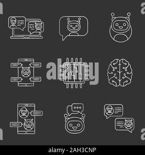 Chatbots chalk icons set. Talkbots. Support service, chat, messenger bots. Modern robots. Digital brain and processor. Chatterbots. Isolated vector ch Stock Vector