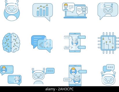Chatbot color icons set. Chat bots. Talkbots. Virtual assistants. Support, chat, code, messenger bots. Online helpers. Isolated vector illustrations Stock Vector