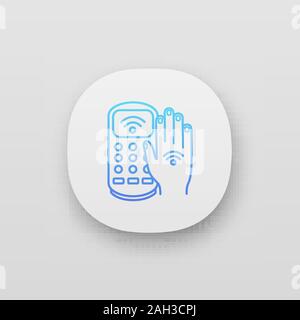 NFC payment terminal app icon. Payment with NFC sticker. POS terminal and hand with RFID tag. UI/UX user interface. E-payment. Web or mobile applicati Stock Vector