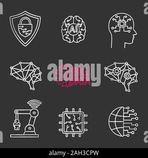 Artificial intelligence chalk icons set. Neurotechnology. Cybersecurity, ai, digital brain, neural network, big data, iot robot, internet of things, c Stock Vector
