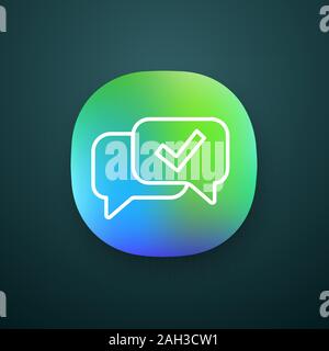 Approved chat app icon. Delivered message. SMS verification. Confirmation dialog. UI/UX user interface. Message approval. Speech bubble with check mar Stock Vector