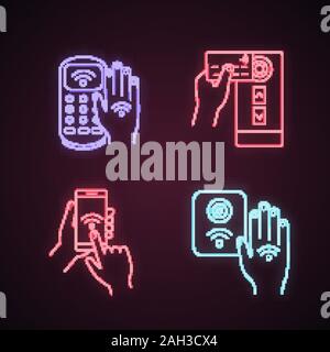 NFC technology neon light icons set. Near field payment terminal, hand sticker, credit card reader, smartphone, access control. Glowing signs. Vector Stock Vector
