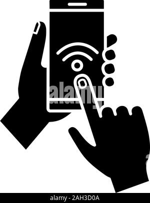 Hands holding NFC smartphone glyph icon. NFC phone. Near field communication. Mobile phone contactless payment. Wifi connection. Silhouette symbol. Ne Stock Vector