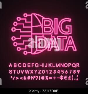 Big data neon light icon. Cloud computing. Database. Artificial intelligence. Cloud network. Glowing sign with alphabet, numbers and symbols. Vector i Stock Vector