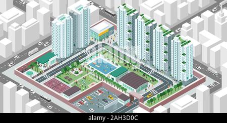 Isometric aerial view of a contemporary efficient cooperative housing society with services, facilities and people, real estate and lifestyle concept Stock Vector