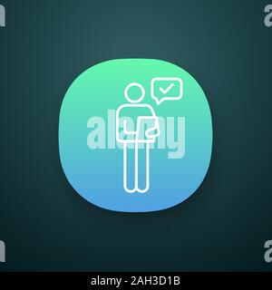 Person checking document app icon. Manager. Good news or results. UI/UX user interface. Personal recommendation. HR manager reading resume. Successful Stock Vector