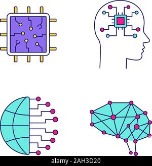 Artificial intelligence color icons set. Information technologies. Neurotechnology. Processor, ai, big data, digital brain. Isolated vector illustrati Stock Vector
