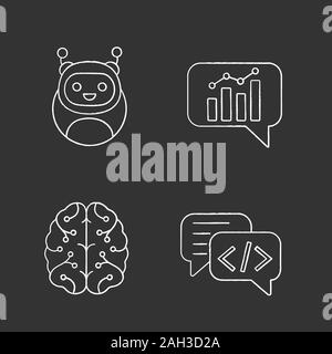 Chatbots chalk icons set. Virtual assistants. Code, statistics, support chat bots. Modern robots. Digital brain. Chatterbots. AI. Isolated vector chal Stock Vector