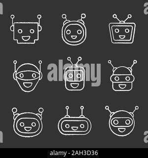 Chatbots chalk icons set. Modern robots emojis. Laughing, happy chat bot smileys. Virtual assistants. Isolated vector chalkboard illustrations Stock Vector