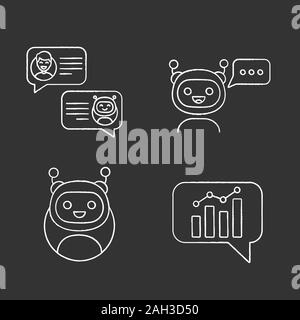 Chatbots chalk icons set. Virtual assistants. Messenger, graph and chat bots. Modern robots. Smartphone chatterbots. Isolated vector chalkboard illust Stock Vector