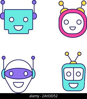 Chatbots color icons set. Talkbots. Laughing virtual assistants collection. Modern robots. Conversational agents. Isolated vector illustrations Stock Vector