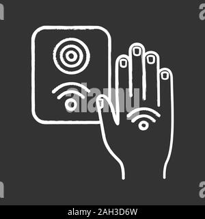 NFC reader chalk icon. RFID access control. NFC button and hand sticker. Near field communication. RFID elevator controller. Isolated vector chalkboar Stock Vector