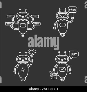 Chatbots chalk icons set. Talkbots. Virtual assistants. Support service, free, idea, buy chat bots. Modern robots. Isolated vector chalkboard illustra Stock Vector