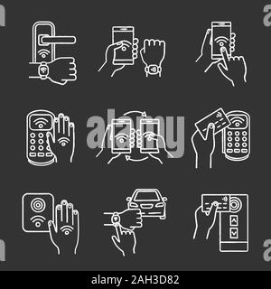 NFC technology chalk icons set. NFC bracelet, door lock, data transfer, smartphone, car. Near field communication. Contactless payment. Isolated vecto Stock Vector