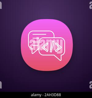 Chatbot coding app icon. UI/UX user interface. Talkbot with chip insert. Codebot. Code writing virtual assistant. Online helper. Web or mobile applica Stock Vector