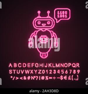 Chatbot coding neon light icon. Talkbot with chip insert. Codebot. Code writing virtual assistant. Online helper. Glowing sign with alphabet, numbers Stock Vector