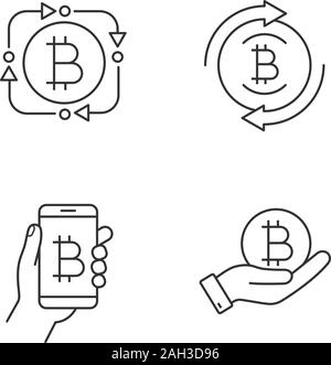 Bitcoin cryptocurrency linear icons set. Fintech, bitcoin refund, digital wallet, coin in hand. Thin line contour symbols. Isolated vector outline ill Stock Vector
