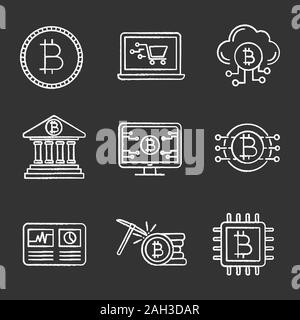 Bitcoin cryptocurrency chalk icons set. Coin, online shopping, cloud mining, banking, bitcoin webpage, hashrate, CPU mining, cryptocurrency. Isolated Stock Vector