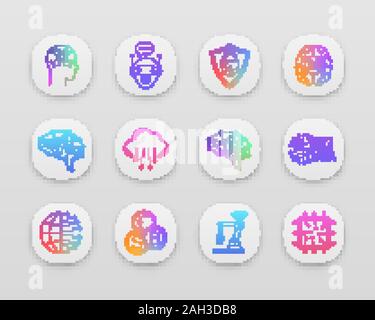 Artificial intelligence app icons set. UI/UX user interface. AI. Internet of things. Digital network. Neurotechnology. Web or mobile applications. Vec Stock Vector