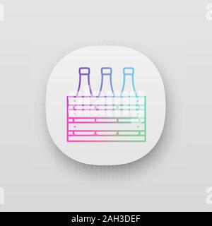 Beer case app icon. UI/UX user interface. Wine or champagne bottles in wooden crate. Milk bottles in wooden box. Web or mobile application. Vector iso Stock Vector