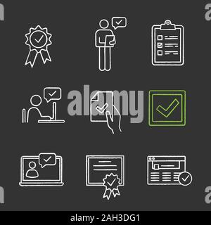 Approve chalk icons set. Award medal, manager, checklist, approved chat, contract signing, checkbox, certificate, browser verification, chatbot. Isola Stock Vector