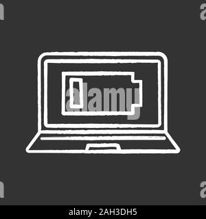 Discharged laptop chalk icon. Computer low battery. Notebook battery level indicator. Isolated vector chalkboard illustrations Stock Vector