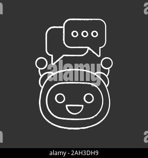 Chatbot with speech bubbles chalk icon. Modern robot. Talkbot typing answer. Online support. Virtual assistant. Chat bot. Isolated vector chalkboard i Stock Vector