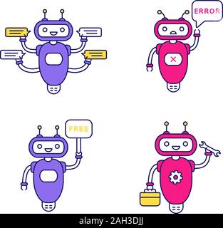 Chatbots color icons set. Talkbots. Graph, support, code, messenger ...