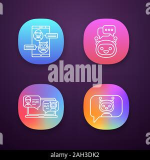 Chatbots app icons set. UI/UX user interface. Virtual assistants. Messenger and chat bots. Modern robots. Smartphone and laptop chatterbots. Web or mo Stock Vector