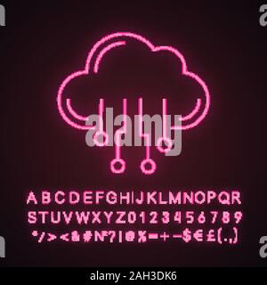 Cloud computing neon light icon. Data cloud. Artificial intelligence. Database. Big data. Glowing sign with alphabet, numbers and symbols. Vector isol Stock Vector