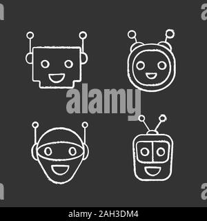 Chatbots chalk icons set. Talkbots. Laughing virtual assistants collection. Modern robots. Conversational agents. Isolated vector chalkboard illustrat Stock Vector