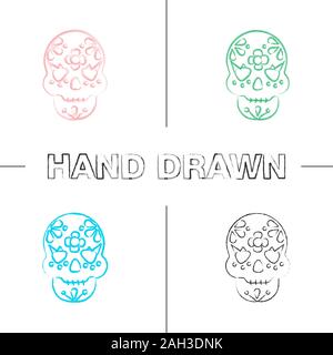Day of the Dead hand drawn icons set. Skull with floral ornament. October 31st. Dia de Muertos. Color brush stroke. Isolated vector sketchy illustrati Stock Vector