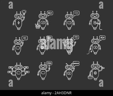 Chatbots chalk icons set. Virtual assistants. Talkbots. Chat, error, buy, free, repair, idea bots. Modern robots. Isolated vector chalkboard illustrat Stock Vector