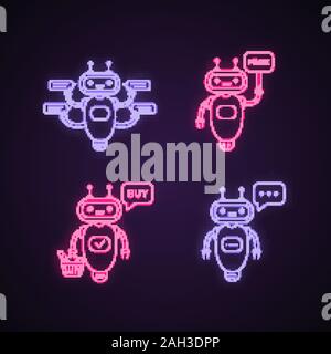 Chatbots neon light icons set. Talkbots. Virtual assistants. Support service, free, buy, typing chat bots. Modern robots. Glowing signs. Vector isolat Stock Vector