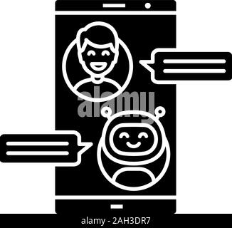 Support chatbot glyph icon. Silhouette symbol. Messenger bot. Modern robot. Virtual assistant. Chat bot. Man chatting with bot on smartphone. Negative Stock Vector