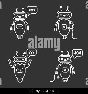Chatbots chalk icons set. Talkbots. Virtual assistants. Typing, USB, question, not found chat bots. Modern robots. Isolated vector chalkboard illustra Stock Vector