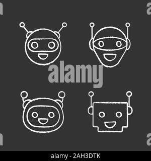Chatbots chalk icons set. Talkbots. Laughing virtual assistants collection. Conversational agents. Modern robots. Isolated vector chalkboard illustrat Stock Vector