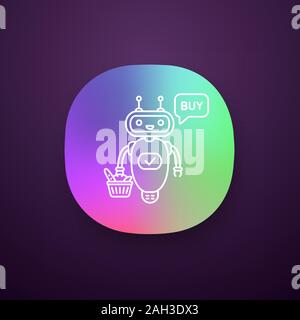 Online customer service chatbot app icon. UI/UX user interface. Talkbot with grocery basket says buy. Modern robot. Virtual shopping assistant. Web or Stock Vector
