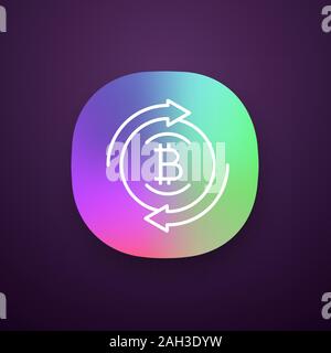 Bitcoin exchange app icon. Digital currency transaction. UI/UX user interface. Circle arrows with bitcoin coin inside. Refund cryptocurrency. Web or m Stock Vector