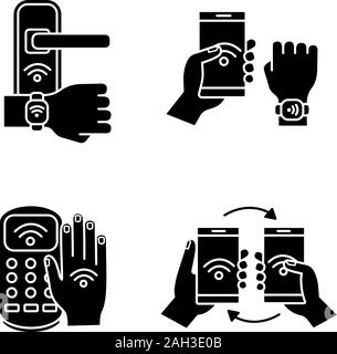 NFC technology glyph icons set. Near field door lock, bracelet, payment terminal, data transfer. Silhouette symbols. Vector isolated illustration Stock Vector
