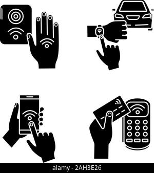 NFC technology glyph icons set. Near field smartphone, car and bracelet, payment terminal, reader. Silhouette symbols. Vector isolated illustration Stock Vector