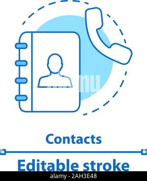Contacts concept icon. Phone book idea thin line illustration. Notepad with handset. Vector isolated outline drawing. Editable stroke Stock Vector