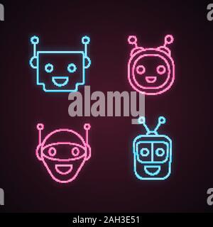 Chatbots neon light icons set. Talkbots. Laughing virtual assistants collection. Modern robots. Conversational agents. Glowing signs. Vector isolated Stock Vector