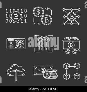 Bitcoin cryptocurrency chalk icons set. Graphic card, bitcoin exchange, binary code, fingerprint scan, mine cart, cloud mining, money, blockchain, fin Stock Vector